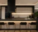 canadian rti cabinets offers Modern kitchen design featuring Canadian-made cabinets with a sleek black and beige color scheme, minimalist bar stools, and stylish lighting, emphasizing contemporary cabinetry trends.