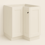 White melamine corner cabinet with soft-close doors, designed for maximizing kitchen storage, featuring a sleek shaker style suitable for corner installations.