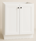 White base kitchen cabinet with double doors and black knobs, showcasing ready-to-install design from CanadianRTICabinets.