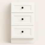 Three-drawer white cabinet with black knobs, showcasing Ready-to-Install (RTI) cabinetry features for renovation projects.
