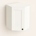 Ready to Install Wall 45-Degree Corner Cabinet in white shaker style with a single door and black knob, showcasing durable melamine construction for kitchen cabinetry.