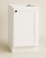 Base single door cabinet in white, designed for maximizing storage in compact kitchen spaces, featuring a simple design and a single black knob