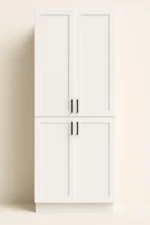 Canadian RTI Cabinets Tall double door pantry cabinet in white finish with black knobs, designed for maximizing kitchen storage solutions.