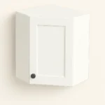 Ready to Install Wall 45-Degree Corner Cabinet in white shaker style with a single door and black knob, showcasing durable melamine construction for kitchen cabinetry.