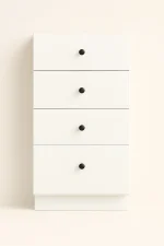 Four-drawer white cabinet with black knobs, showcasing Ready-to-Install (RTI) cabinetry features for renovation projects.