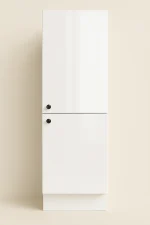 Canadian RTI Cabinets Tall two door pantry cabinet in white finish high gloss with black knobs, designed for maximizing kitchen storage solutions.