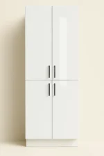 Canadian RTI Cabinets Tall double door pantry cabinet in white finish high gloss with black knobs, designed for maximizing kitchen storage solutions.